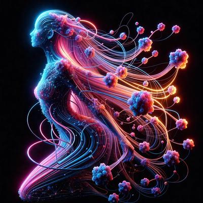 The primary subject of the image is a woman, who is the main focus of the scene. She is depicted in a digital art style, with a vibrant and colorful appearance. The setting is a dark background, which contrasts with the woman's bright and luminous figure. The visual style is a combination of digital art and illustration, creating a unique and eye-catching image. The colors and mood of the image are predominantly pink and purple, giving the scene a sense of warmth